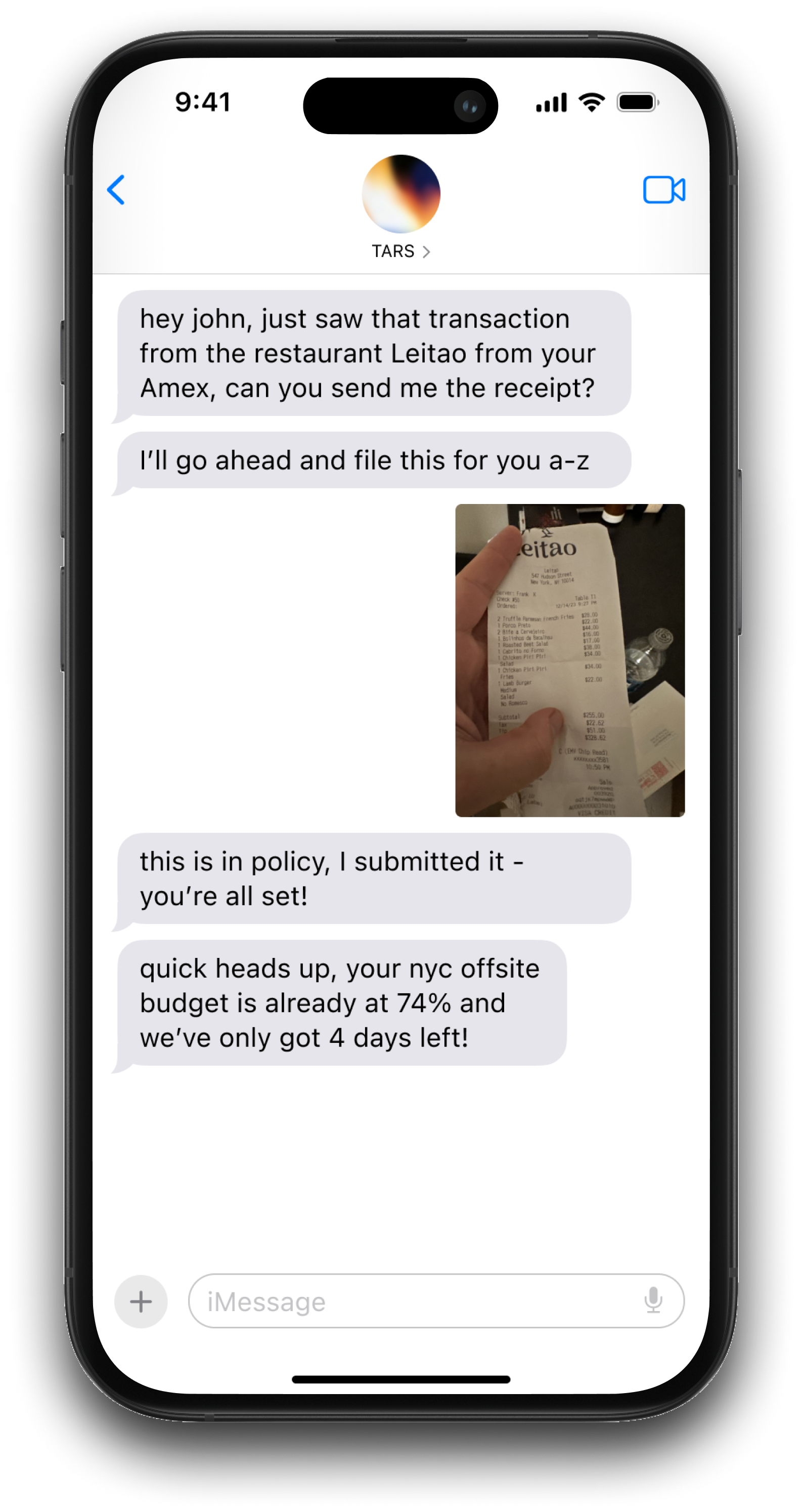Creating expense reimbursements via iMessage or SMS text
