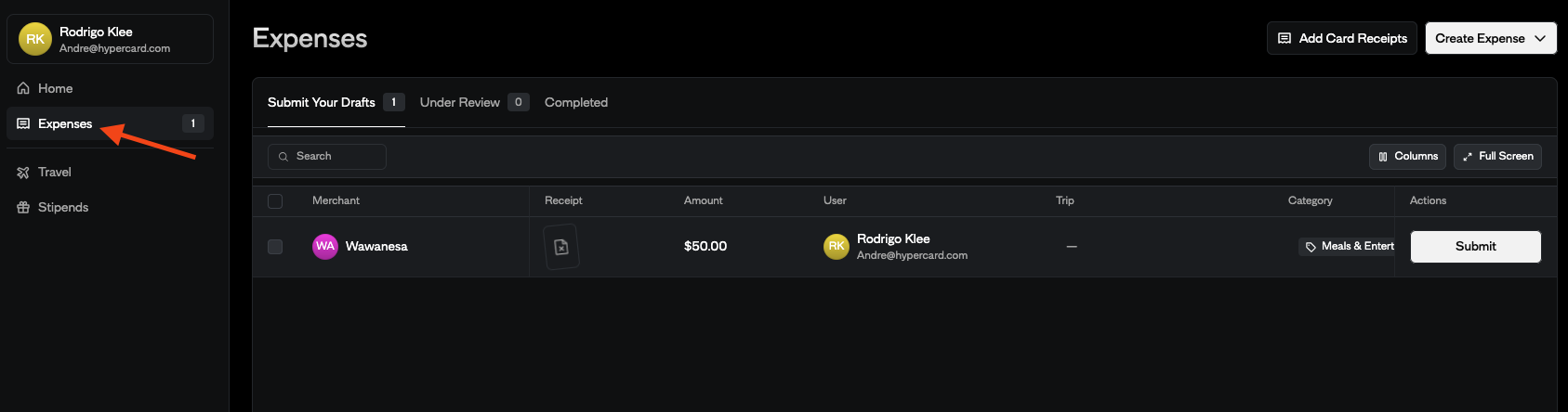 Accessing Expenses Dashboard in Hyper