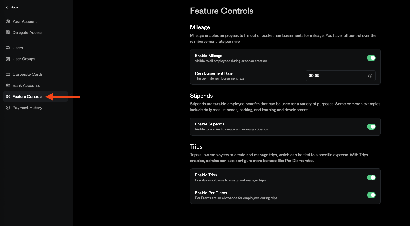 Accessing Feature Controls as an Admin