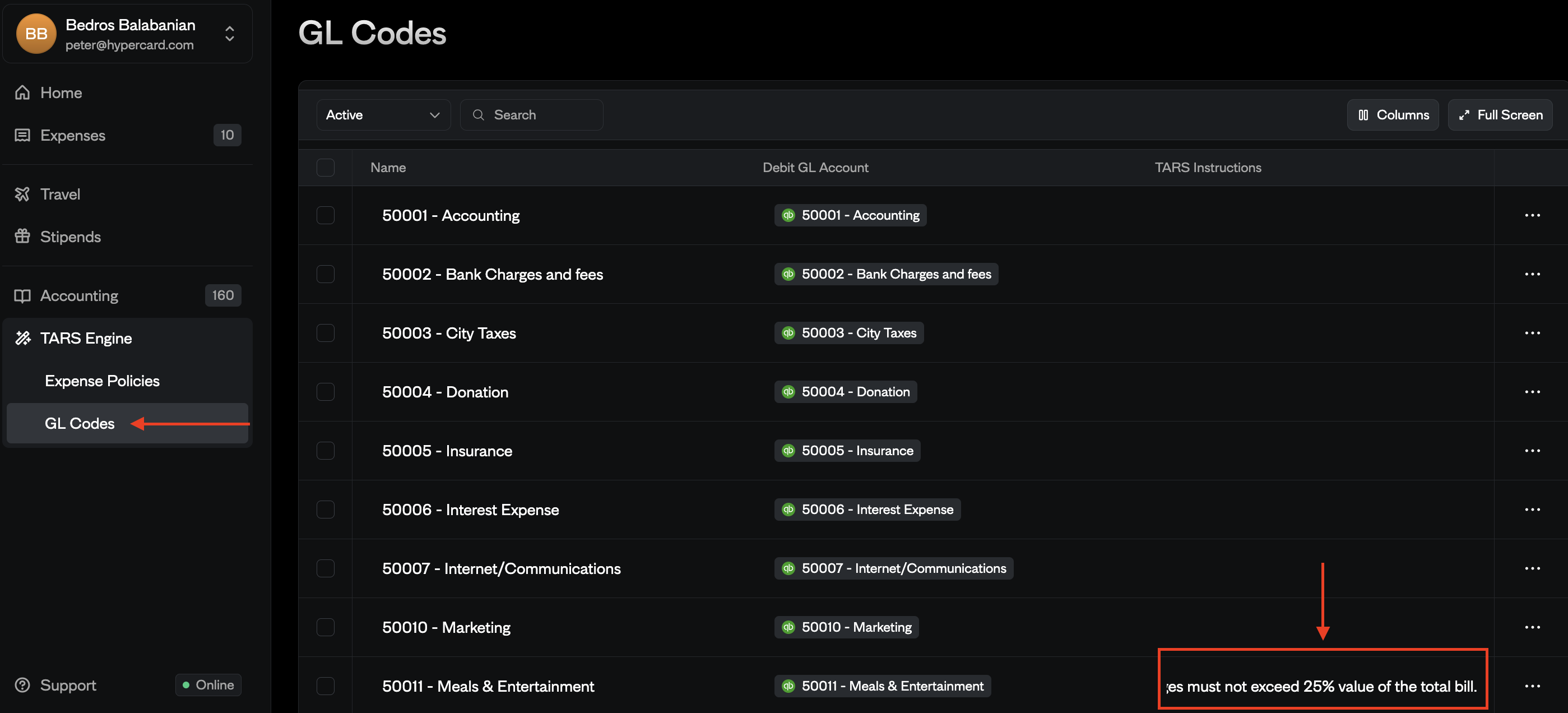 Adding TARS instructions to GL Codes
