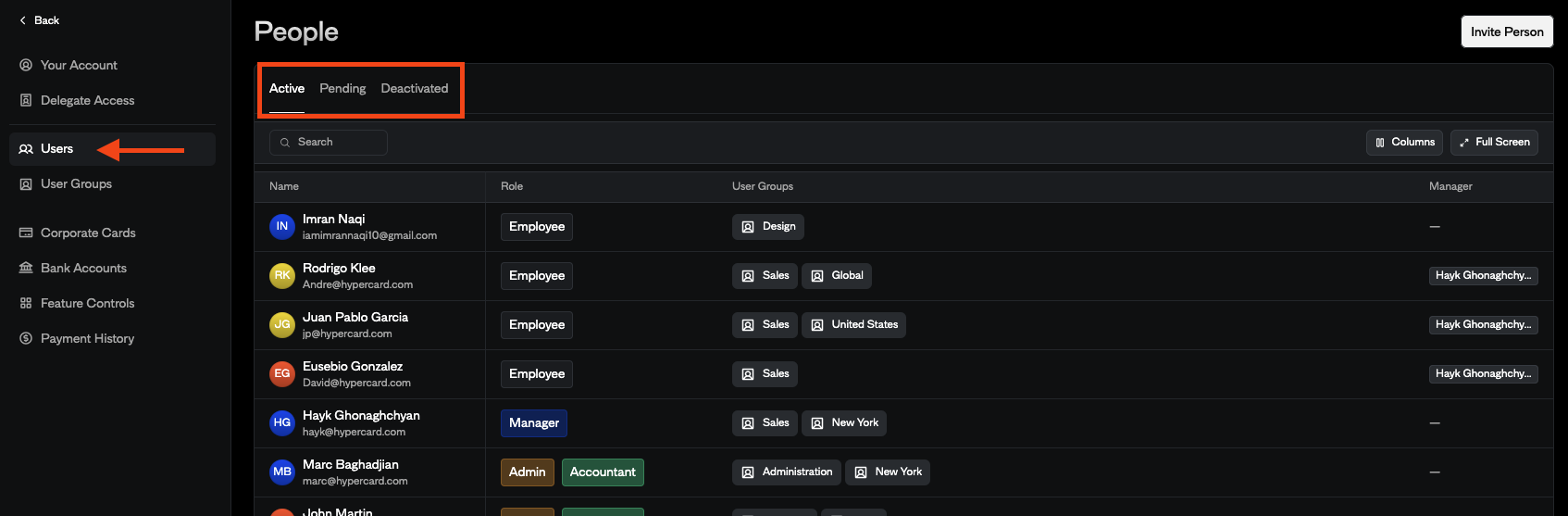 Users Settings as an Admin