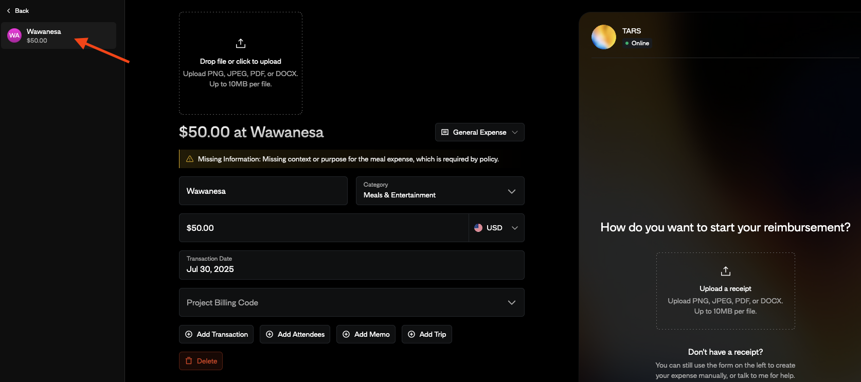 Add Receipts to Draft Expenses